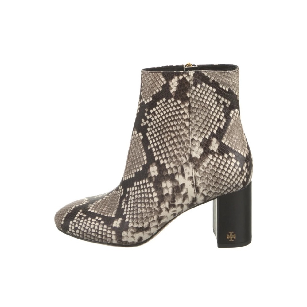 Tory Burch Brooke Snake Print Leather Boots Size 5 Warm Roccia NEW
